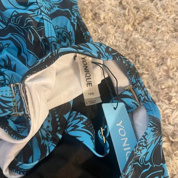 Yonique Plus Size Bikini 18W Blue Floral Halter High Waist Tummy Control NWT - Picture 10 of 15